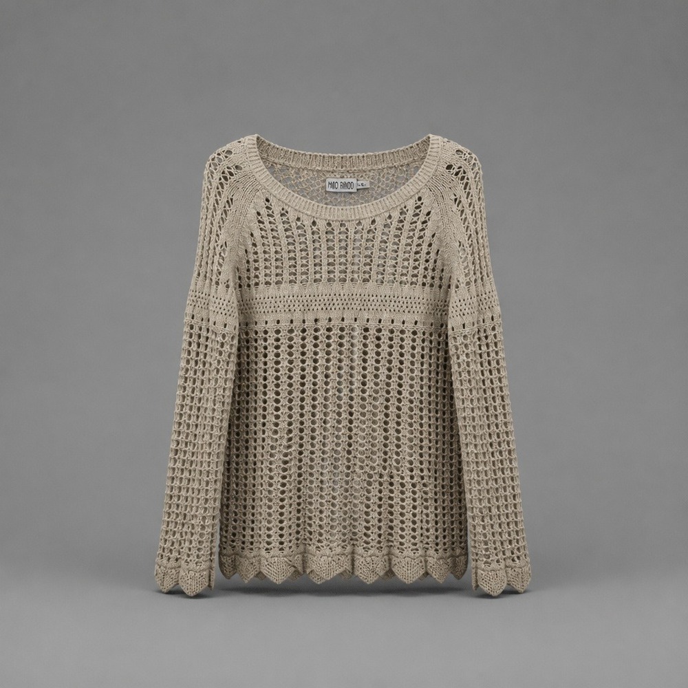 Retro Threads Crochet Sweater XXL Cream Open Knit Scalloped Boho Long Sleeve